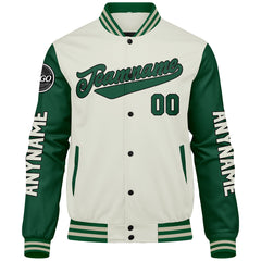 Maßgeschneiderte Grüne Creme Letterman Varsity Jacket Individuelle Stickerei Druck nach Ihrem Wunsch