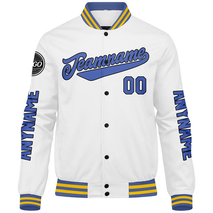 Maßgeschneiderte Weiß Blau Letterman Varsity Jacket Individuelle Stickerei Druck nach Ihrem Wunsch