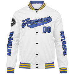 Maßgeschneiderte Weiß Blau Letterman Varsity Jacket Individuelle Stickerei Druck nach Ihrem Wunsch