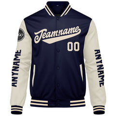 Maßgeschneiderte Marine Creme Letterman Varsity Jacket Individuelle Stickerei Druck nach Ihrem Wunsch