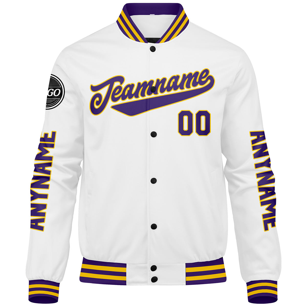 Maßgeschneiderte Lila Weiß Gelb Letterman Varsity Jacket Individuelle Stickerei Druck nach Ihrem Wunsch