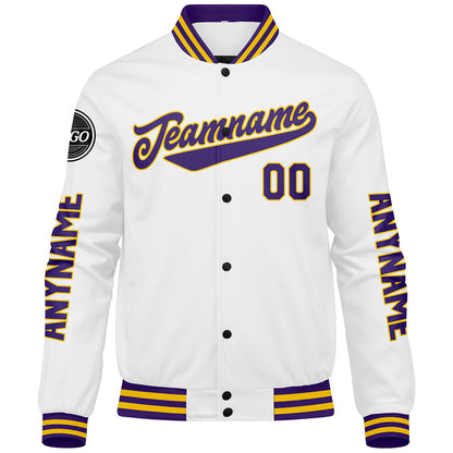 Maßgeschneiderte Lila Weiß Gelb Letterman Varsity Jacket Individuelle Stickerei Druck nach Ihrem Wunsch