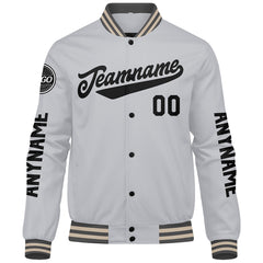 Maßgeschneiderte Grau Schwarz Letterman Varsity Jacket Individuelle Stickerei Druck nach Ihrem Wunsch