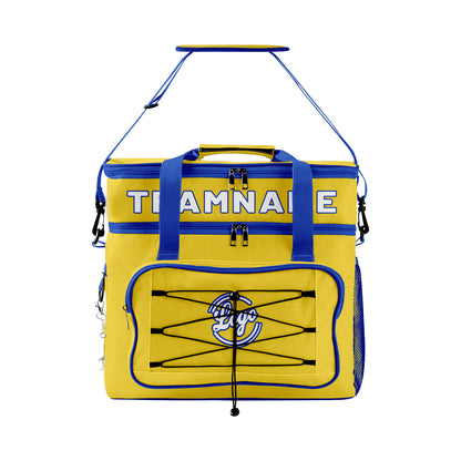 Maßgeschickerte Gelb Blau vollflächig bedruckte isolierte Kühltasche mit Doppelwand Wasserdichte 600D Oxford Picknick-Tragetasche für Teamevents & Outdoor-Grillen