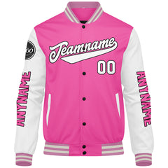 Maßgeschneiderte Rosa Weiß Letterman Varsity Jacket Individuelle Stickerei Druck nach Ihrem Wunsch