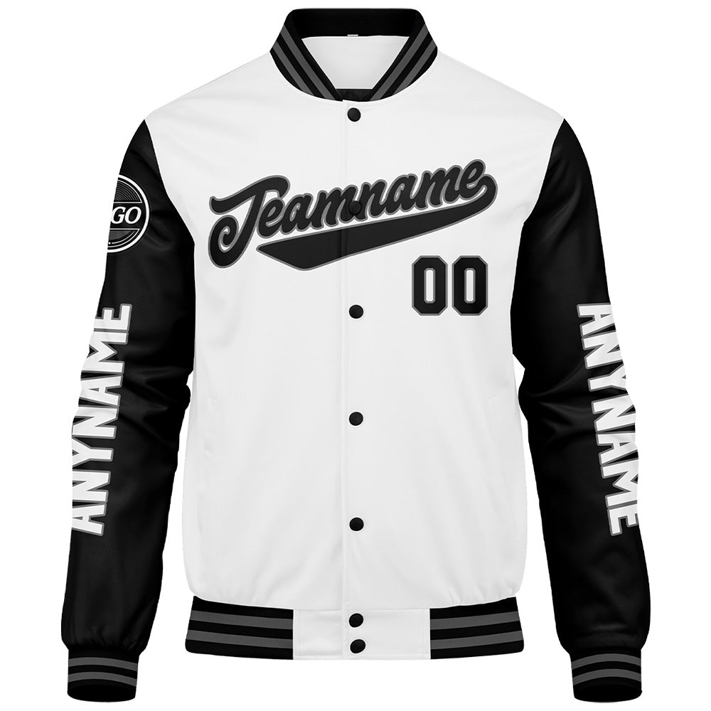 Maßgeschneiderte Schwarz Weiß Letterman Varsity Jacket Individuelle Stickerei Druck nach Ihrem Wunsch