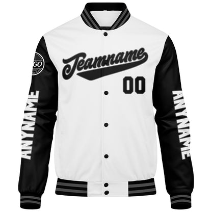 Maßgeschneiderte Schwarz Weiß Letterman Varsity Jacket Individuelle Stickerei Druck nach Ihrem Wunsch