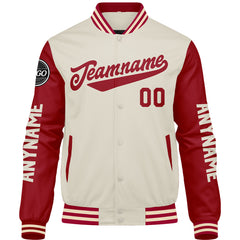 Maßgeschneiderte Rot Creme Letterman Varsity Jacket Individuelle Stickerei Druck nach Ihrem Wunsch