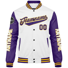 Maßgeschneiderte Lila Weiß Gelb Letterman Varsity Jacket Individuelle Stickerei Druck nach Ihrem Wunsch