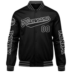 Maßgeschneiderte Schwarz Grau Letterman Varsity Jacket Individuelle Stickerei Druck nach Ihrem Wunsch