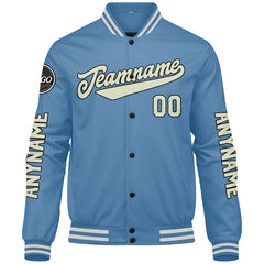 Maßgeschneiderte Hellblaue Creme Letterman Varsity Jacket Individuelle Stickerei Druck nach Ihrem Wunsch