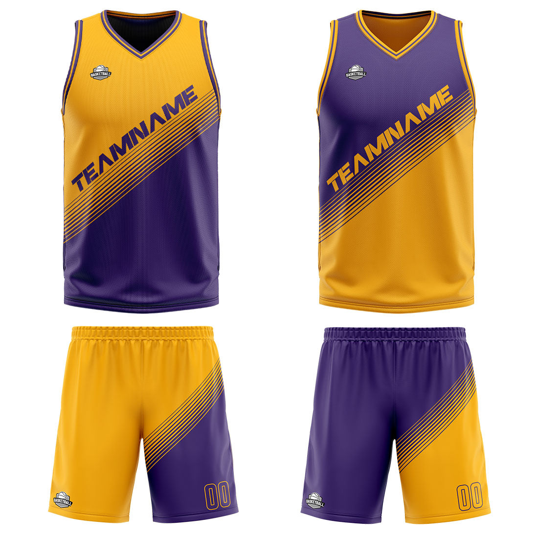 Benutzerdefinierte Gelb Lila Reversible Basketball Jersey Personalisierte Print Name Nummer Logo