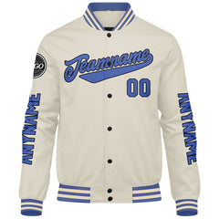Maßgeschneiderte Cremeblau Letterman Varsity Jacket Individuelle Stickerei Druck nach Ihrem Wunsch