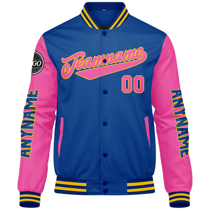 Maßgeschneiderte Königlich Rosa Letterman Varsity Jacket Individuelle Stickerei Druck nach Ihrem Wunsch