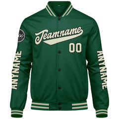 Maßgeschneiderte Grüne Creme Letterman Varsity Jacket Individuelle Stickerei Druck nach Ihrem Wunsch