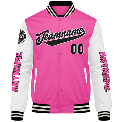 Maßgeschneiderte Rosa Weiß Letterman Varsity Jacket Individuelle Stickerei Druck nach Ihrem Wunsch