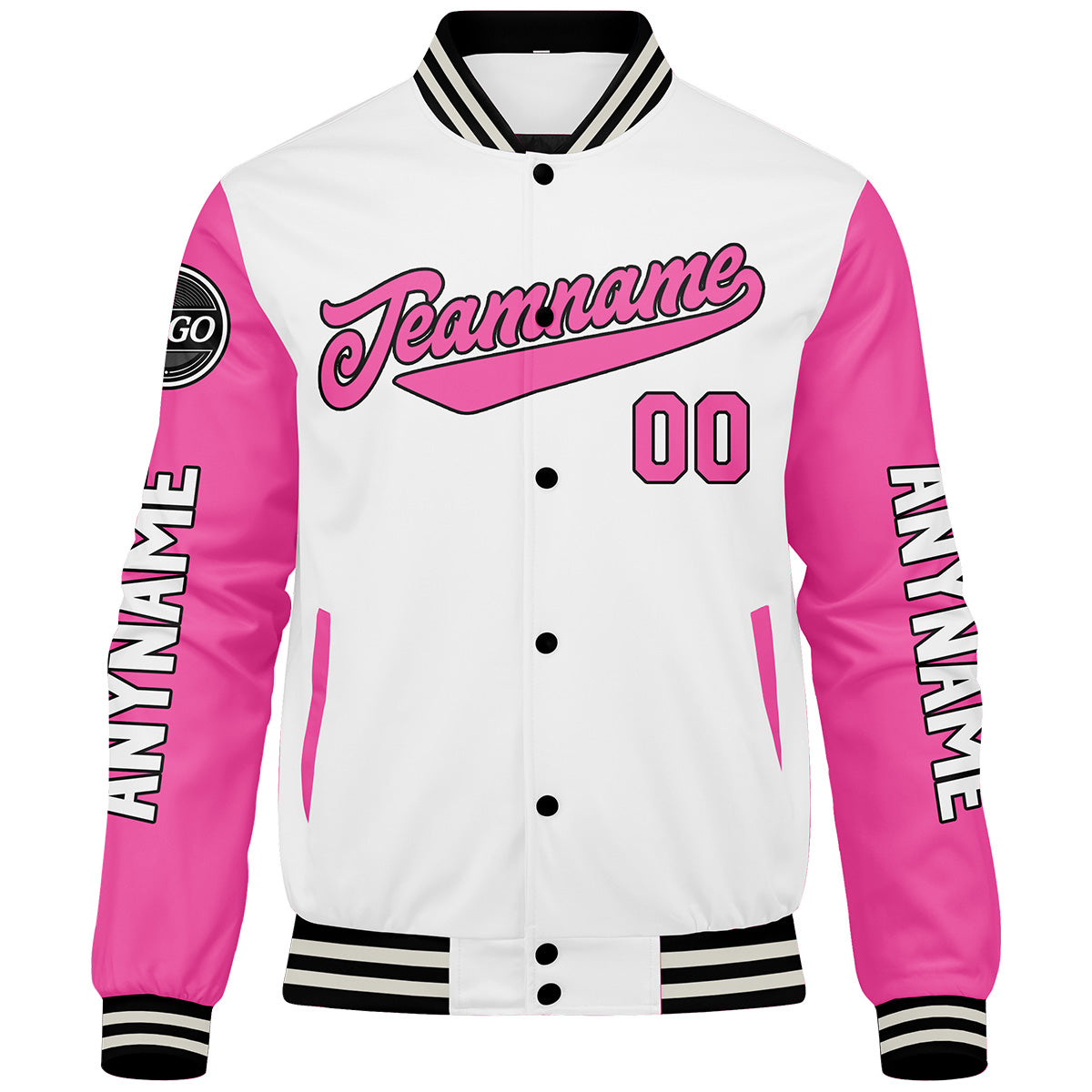 Maßgeschneiderte Weiß Rosa Letterman Varsity Jacket Individuelle Stickerei Druck nach Ihrem Wunsch