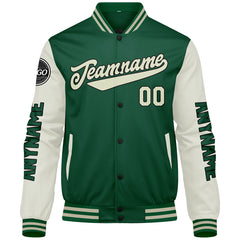 Maßgeschneiderte Grüne Creme Letterman Varsity Jacket Individuelle Stickerei Druck nach Ihrem Wunsch
