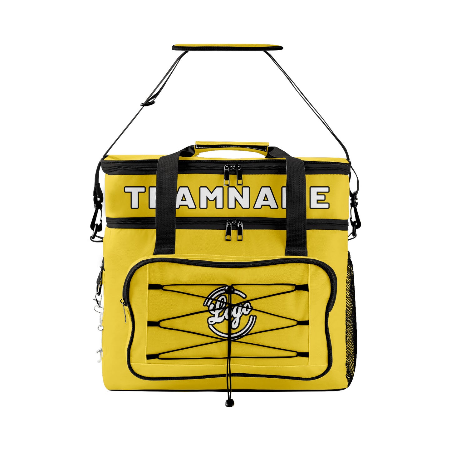 Maßgeschickerte Gelb Schwarz vollflächig bedruckte isolierte Kühltasche mit Doppelwand Wasserdichte 600D Oxford Picknick-Tragetasche für Teamevents & Outdoor-Grillen