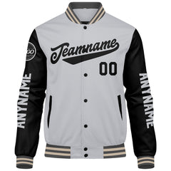 Maßgeschneiderte Grau Schwarz Creme Letterman Varsity Jacket Individuelle Stickerei Druck nach Ihrem Wunsch