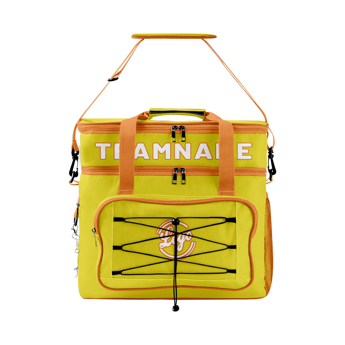 Maßgeschickerte Gelb Orange vollflächig bedruckte isolierte Kühltasche mit Doppelwand Wasserdichte 600D Oxford Picknick-Tragetasche für Teamevents & Outdoor-Grillen