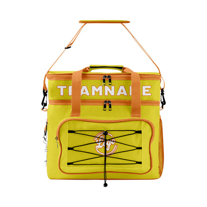 Maßgeschickerte Gelb Orange vollflächig bedruckte isolierte Kühltasche mit Doppelwand Wasserdichte 600D Oxford Picknick-Tragetasche für Teamevents & Outdoor-Grillen
