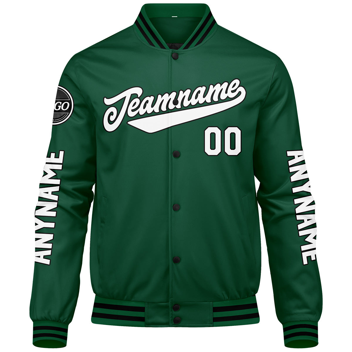 Maßgeschneiderte Grün Schwarz Weiß Letterman Varsity Jacket Individuelle Stickerei Druck nach Ihrem Wunsch