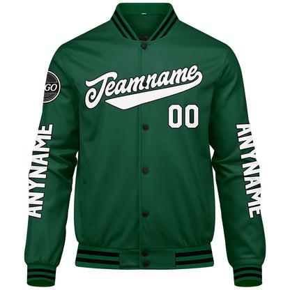 Maßgeschneiderte Grün Schwarz Weiß Letterman Varsity Jacket Individuelle Stickerei Druck nach Ihrem Wunsch