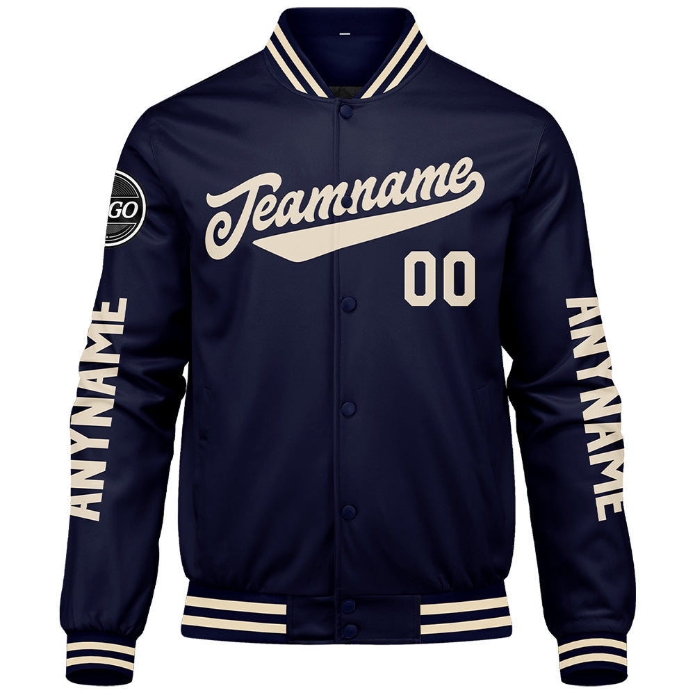 Maßgeschneiderte Marine Creme Letterman Varsity Jacket Individuelle Stickerei Druck nach Ihrem Wunsch