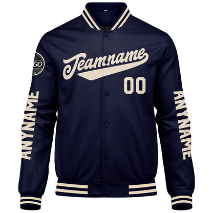 Maßgeschneiderte Marine Creme Letterman Varsity Jacket Individuelle Stickerei Druck nach Ihrem Wunsch