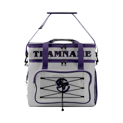 Maßgeschickerte Grau Lila vollflächig bedruckte isolierte Kühltasche mit Doppelwand Wasserdichte 600D Oxford Picknick-Tragetasche für Teamevents & Outdoor-Grillen