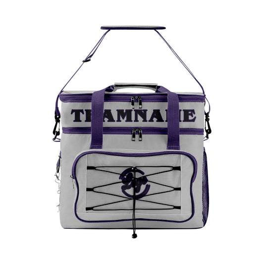 Maßgeschickerte Grau Lila vollflächig bedruckte isolierte Kühltasche mit Doppelwand Wasserdichte 600D Oxford Picknick-Tragetasche für Teamevents & Outdoor-Grillen
