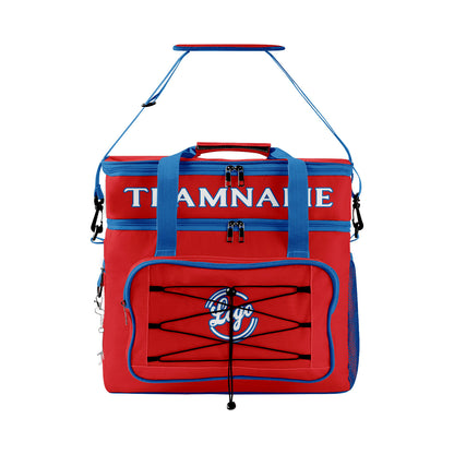 Maßgeschickerte Rot Blau vollflächig bedruckte isolierte Kühltasche mit Doppelwand Wasserdichte 600D Oxford Picknick-Tragetasche für Teamevents & Outdoor-Grillen