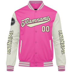 Maßgeschneiderte Rosa Creme Letterman Varsity Jacket Individuelle Stickerei Druck nach Ihrem Wunsch