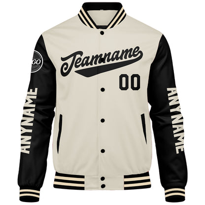 Maßgeschneiderte Schwarz Creme Letterman Varsity Jacket Individuelle Stickerei Druck nach Ihrem Wunsch
