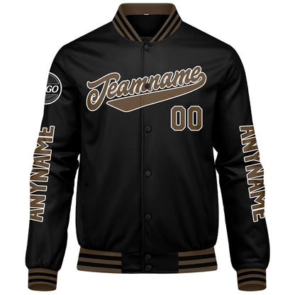Maßgeschneiderte Schwarz Braun Letterman Varsity Jacket Individuelle Stickerei Druck nach Ihrem Wunsch