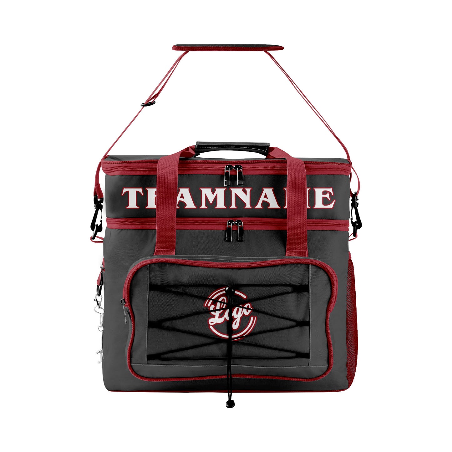 Maßgeschickerte Grau Rot vollflächig bedruckte isolierte Kühltasche mit Doppelwand Wasserdichte 600D Oxford Picknick-Tragetasche für Teamevents & Outdoor-Grillen