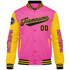 Maßgeschneiderte Rosa Gelb Schwarz Letterman Varsity Jacket Individuelle Stickerei Druck nach Ihrem Wunsch