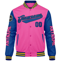 Maßgeschneiderte Rosa Königliches Gelb Letterman Varsity Jacket Individuelle Stickerei Druck nach Ihrem Wunsch