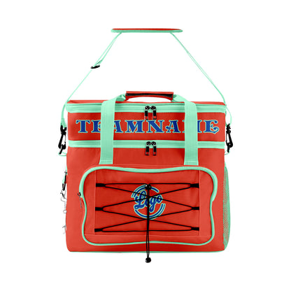 Maßgeschickerte Orange Cyan vollflächig bedruckte isolierte Kühltasche mit Doppelwand Wasserdichte 600D Oxford Picknick-Tragetasche für Teamevents & Outdoor-Grillen