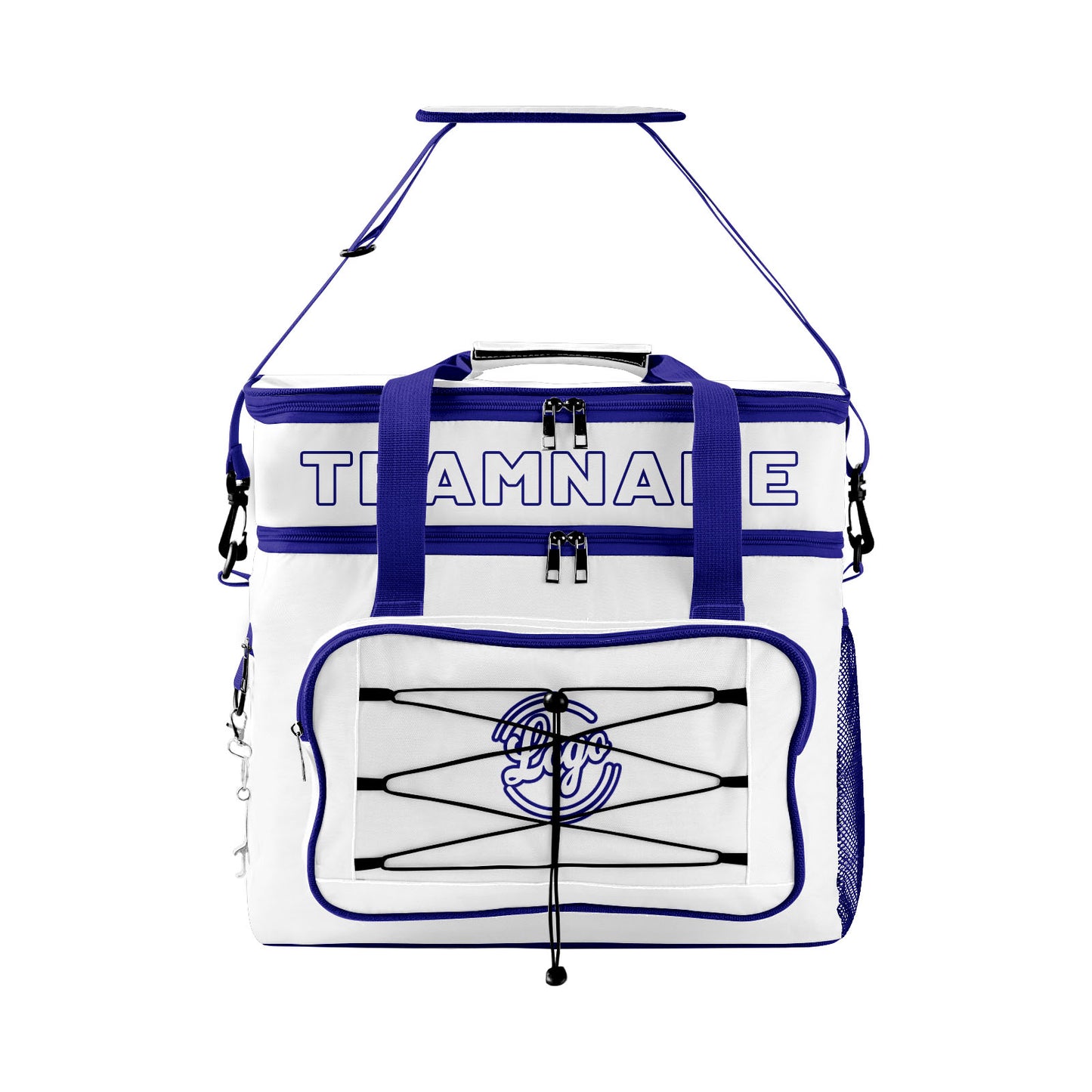 Maßgeschickerte Weiß Dunkelblau vollflächig bedruckte isolierte Kühltasche mit Doppelwand Wasserdichte 600D Oxford Picknick-Tragetasche für Teamevents & Outdoor-Grillen