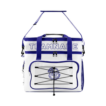 Maßgeschickerte Weiß Dunkelblau vollflächig bedruckte isolierte Kühltasche mit Doppelwand Wasserdichte 600D Oxford Picknick-Tragetasche für Teamevents & Outdoor-Grillen