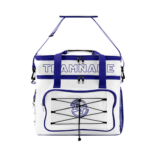 Maßgeschickerte Weiß Dunkelblau vollflächig bedruckte isolierte Kühltasche mit Doppelwand Wasserdichte 600D Oxford Picknick-Tragetasche für Teamevents & Outdoor-Grillen