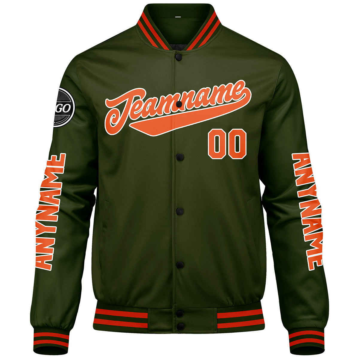 Maßgeschneiderte Olivengrün Orange Letterman Varsity Jacket Individuelle Stickerei Druck nach Ihrem Wunsch