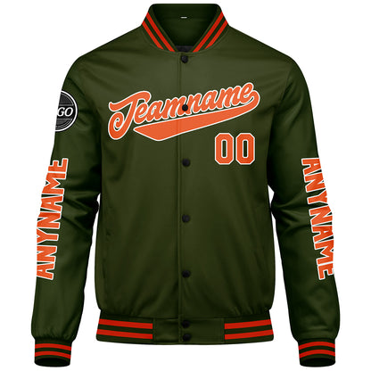 Maßgeschneiderte Olivengrün Orange Letterman Varsity Jacket Individuelle Stickerei Druck nach Ihrem Wunsch