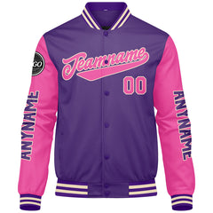 Maßgeschneiderte Lila Rosa Letterman Varsity Jacket Individuelle Stickerei Druck nach Ihrem Wunsch