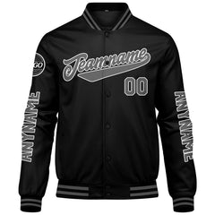 Maßgeschneiderte Schwarz Grau Letterman Varsity Jacket Individuelle Stickerei Druck nach Ihrem Wunsch