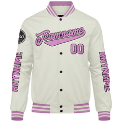 Maßgeschneiderte Creme Rosa Letterman Varsity Jacket Individuelle Stickerei Druck nach Ihrem Wunsch