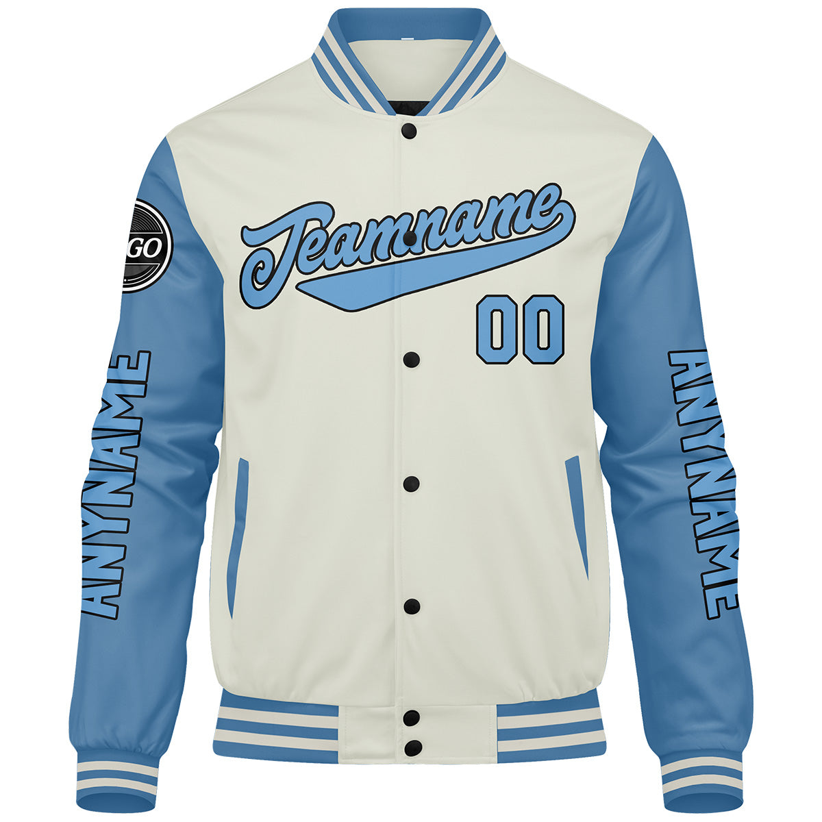 Maßgeschneiderte Hellblaue Creme Letterman Varsity Jacket Individuelle Stickerei Druck nach Ihrem Wunsch