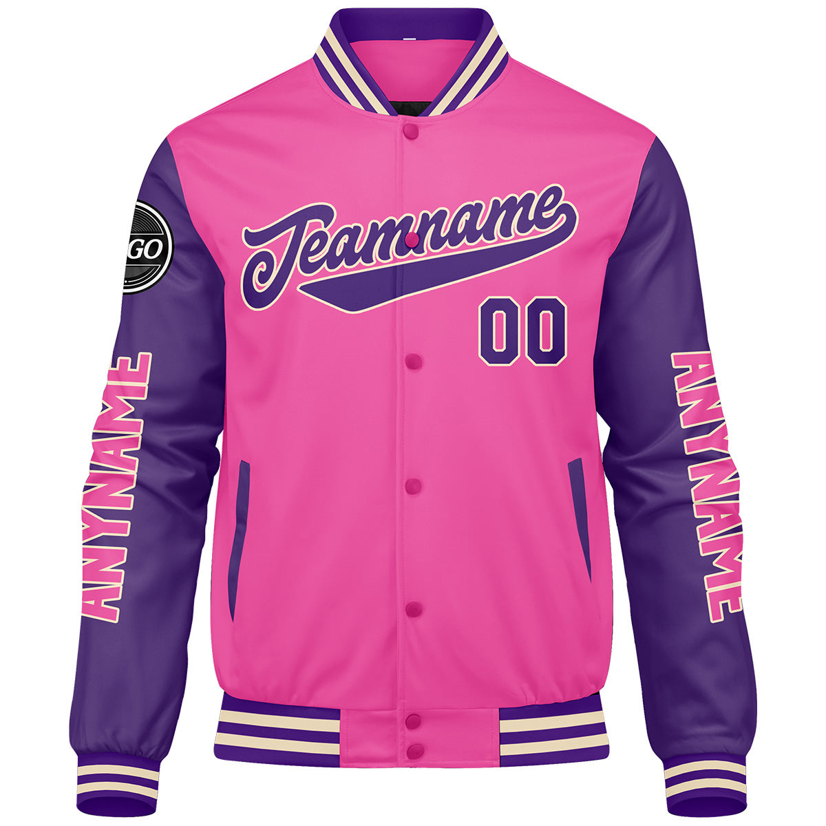 Maßgeschneiderte Rosa Lila Letterman Varsity Jacket Individuelle Stickerei Druck nach Ihrem Wunsch